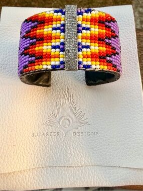 S. Carter Designs African Beaded Cuff Bracelet with Pavé Diamond Bar. Adjustable